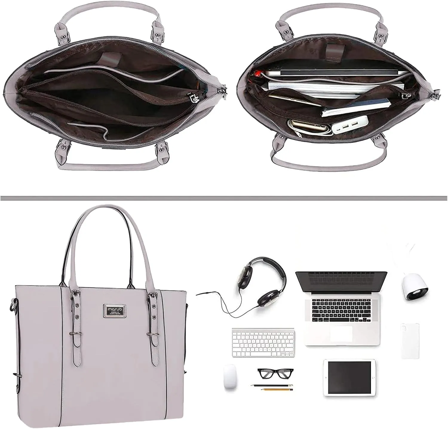 MOSISO PU Leather Laptop Tote Bag for Women (17-17.3 inch), Waterproof Large Capacity Business Work Briefcase Shoulder Laptop Bag, Dusty Lilac