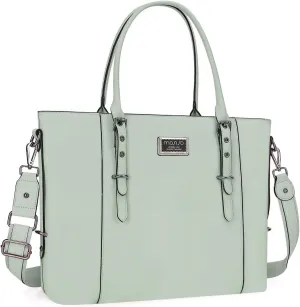 MOSISO PU Leather Laptop Tote Bag for Women (17-17.3 inch), Waterproof Large Capacity Business Work Briefcase Shoulder Laptop Bag, Sage Green