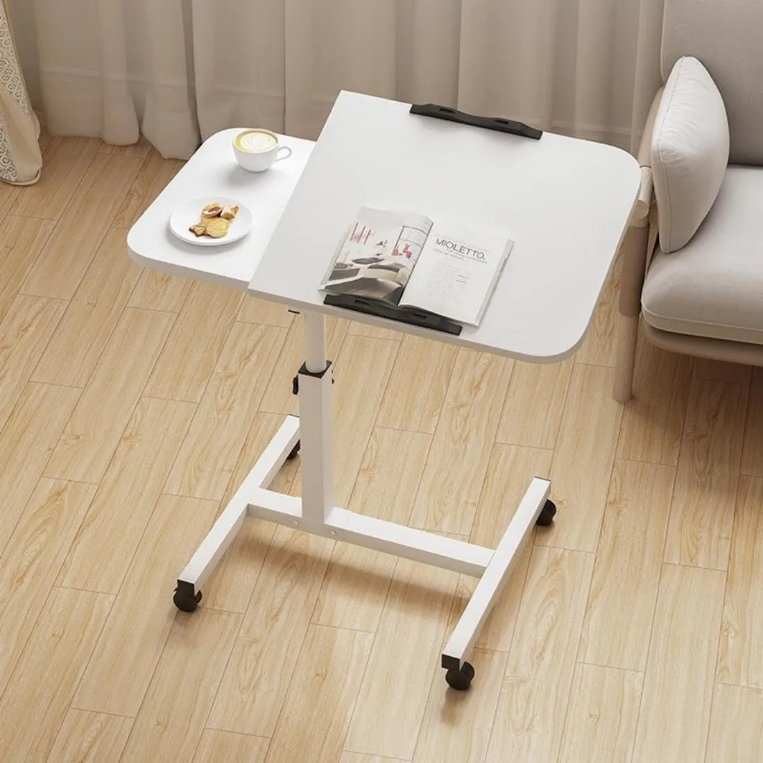 Movable Table Stand with Adjustable Height, Rolling Laptop Table with Tiltable Desktop Floor Computer Desk Stand with Wheels White for Bedroom Living Room Office