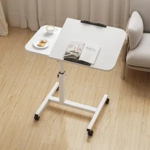 Movable Table Stand with Adjustable Height, Rolling Laptop Table with Tiltable Desktop Floor Computer Desk Stand with Wheels White for Bedroom Living Room Office