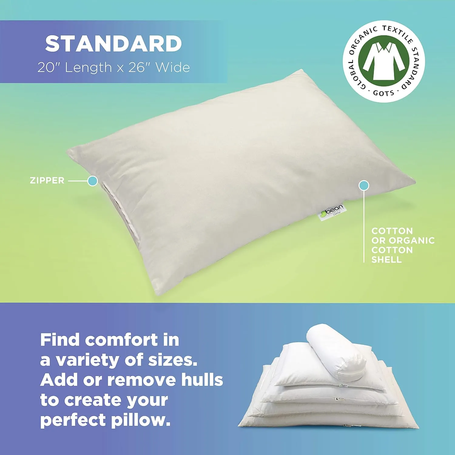 Multi Grain Standard Pillow - 20" x 26" - Organic Cotton Zippered Shell with 1 Side Organic Millet and 1 side Organic Buckwheat - Bed Body Floor Cushion Insert Couch Throw Bolster - Made in USA
