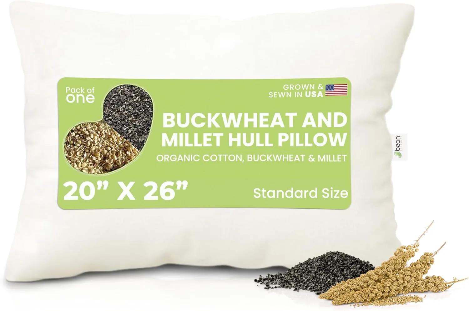 Multi Grain Standard Pillow - 20" x 26" - Organic Cotton Zippered Shell with 1 Side Organic Millet and 1 side Organic Buckwheat - Bed Body Floor Cushion Insert Couch Throw Bolster - Made in USA