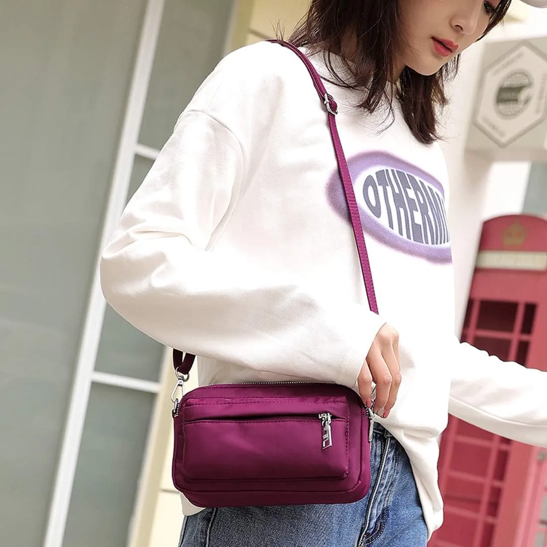 Multi-Zipper Crossbody Handbag Purse, Women's Nylon Wristlet Mini Crossbody Bag Clutch with 2 Straps