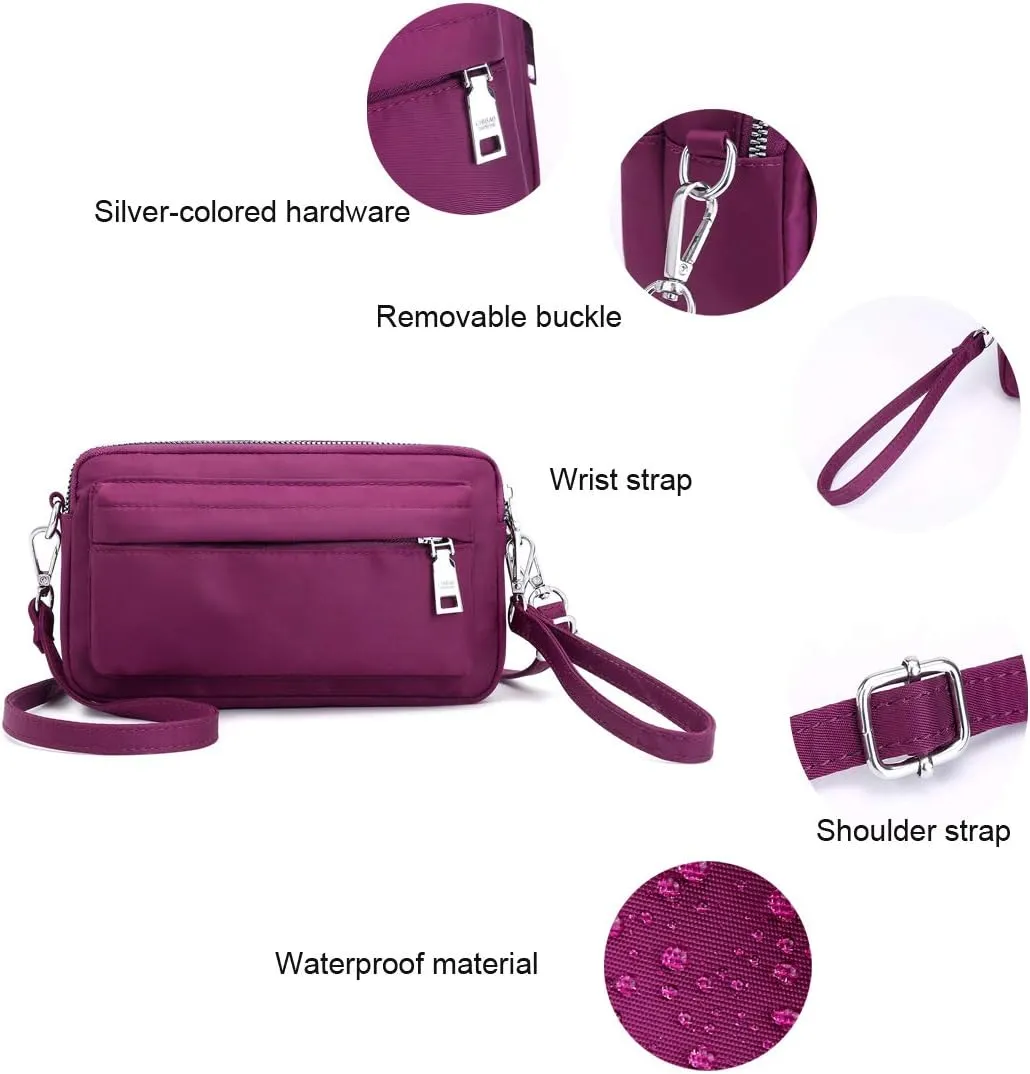 Multi-Zipper Crossbody Handbag Purse, Women's Nylon Wristlet Mini Crossbody Bag Clutch with 2 Straps