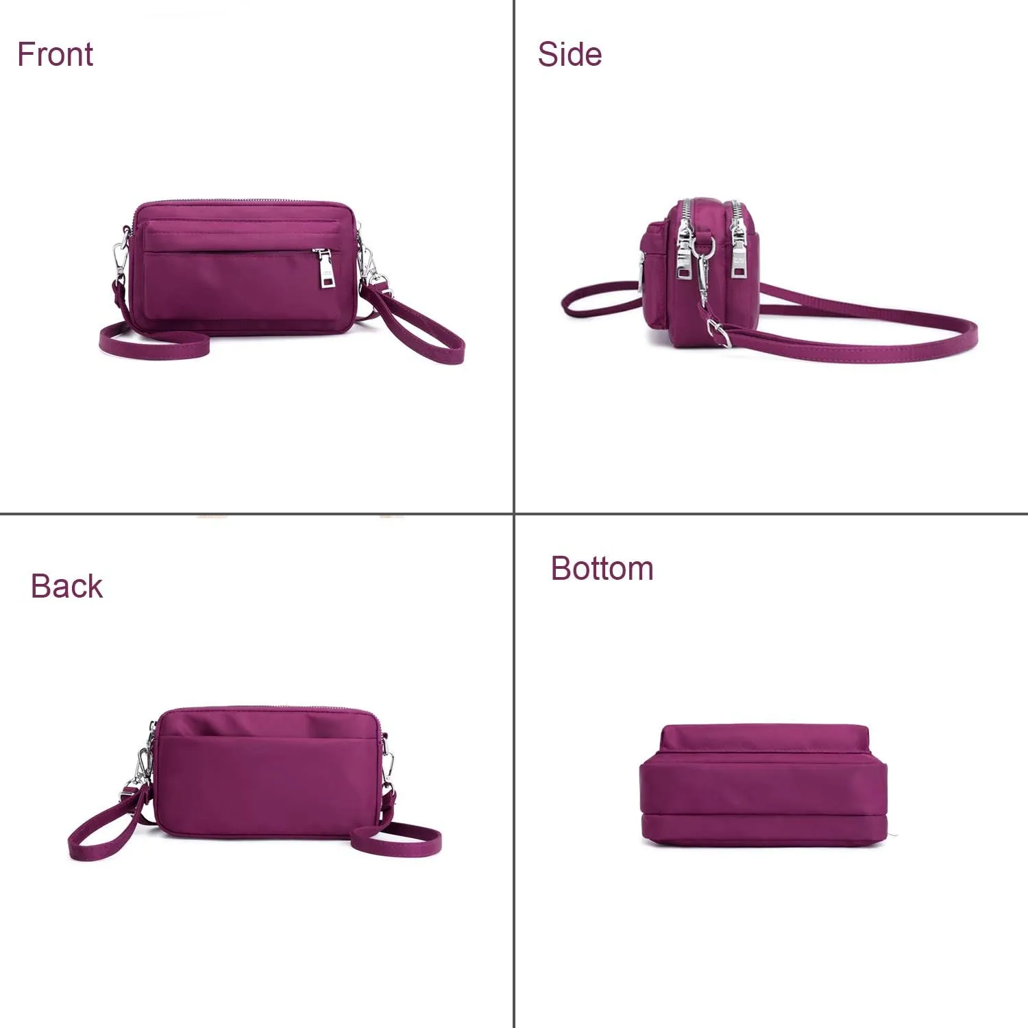 Multi-Zipper Crossbody Handbag Purse, Women's Nylon Wristlet Mini Crossbody Bag Clutch with 2 Straps