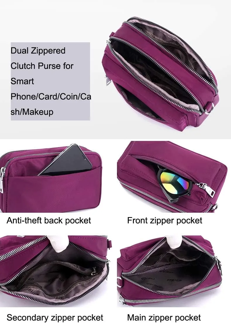 Multi-Zipper Crossbody Handbag Purse, Women's Nylon Wristlet Mini Crossbody Bag Clutch with 2 Straps