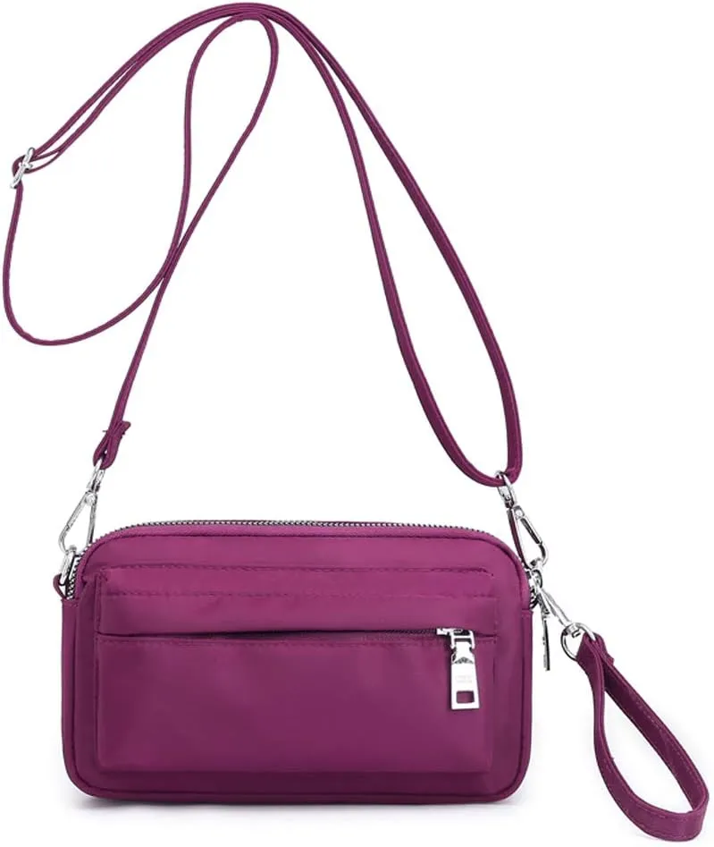 Multi-Zipper Crossbody Handbag Purse, Women's Nylon Wristlet Mini Crossbody Bag Clutch with 2 Straps