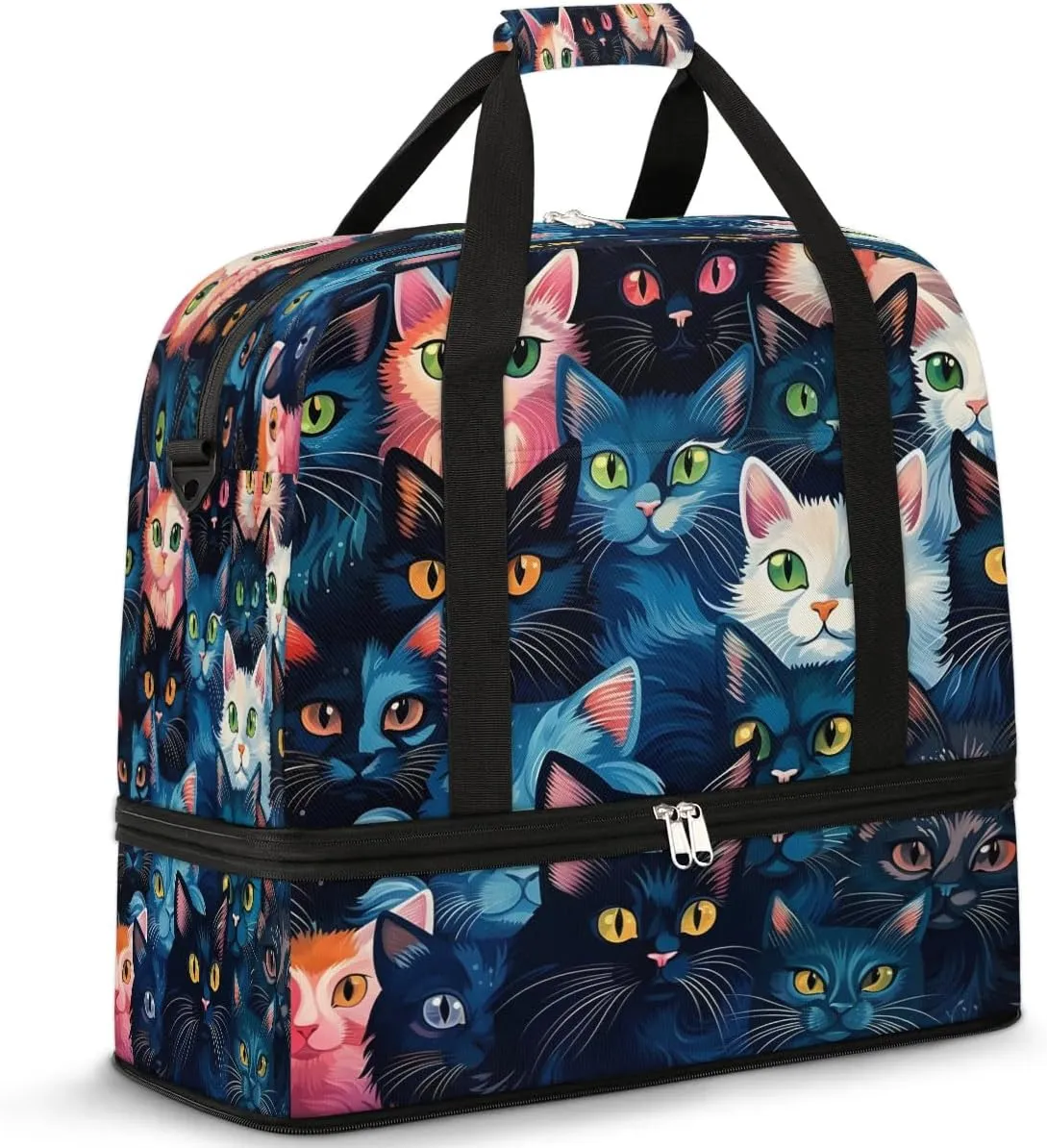 Multicolored Cat Faces Travel Duffel Bag, Travel Essentials, Gym Bag for Women, Weekender Overnight Bag With Shoes Compartment, Carry On Bags for Airplanes