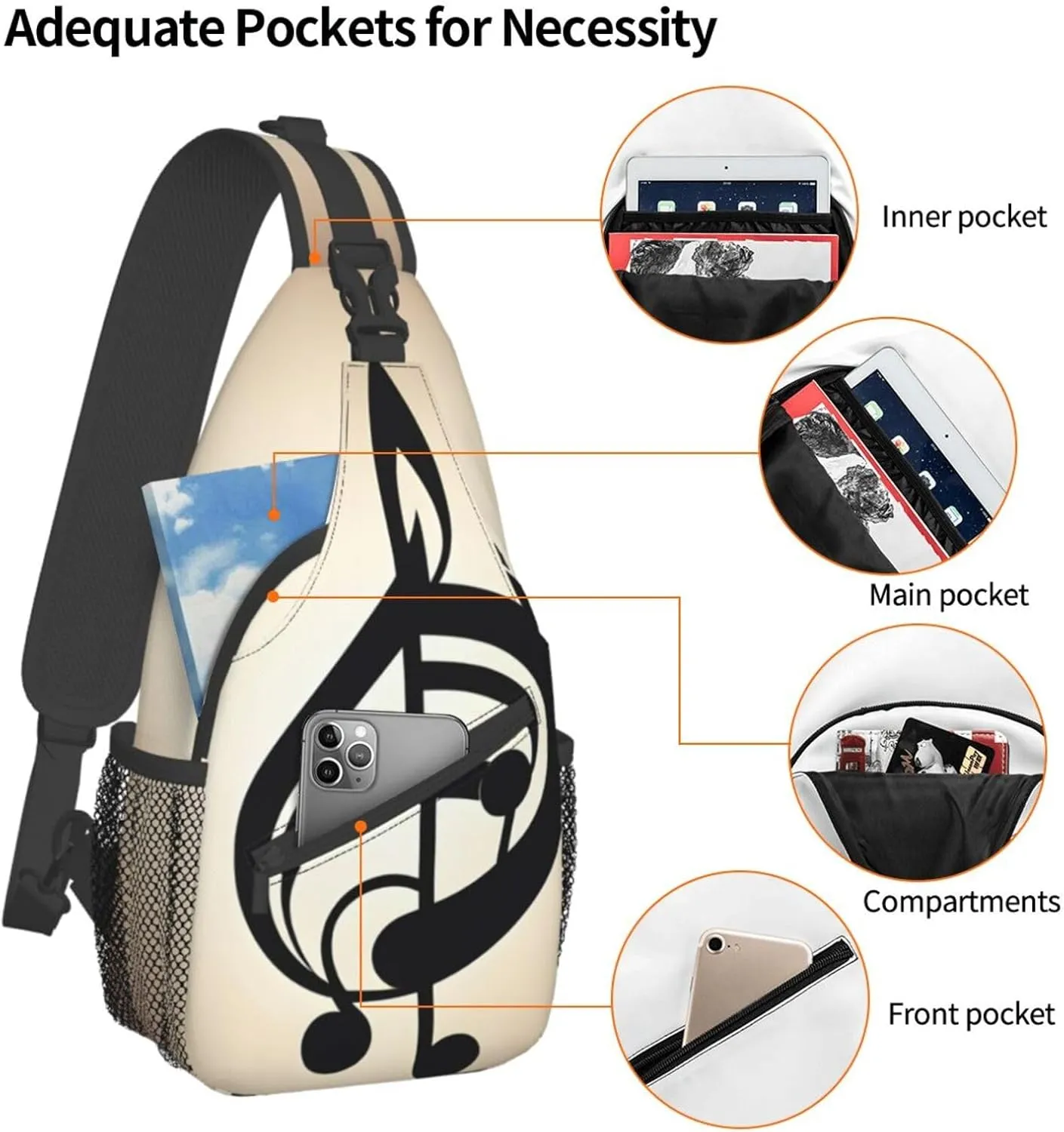 Music Note Print High Storage Capacity Chest Bag Diagonally Sling Backpack Crossbody Shoulder Bag For Men Women