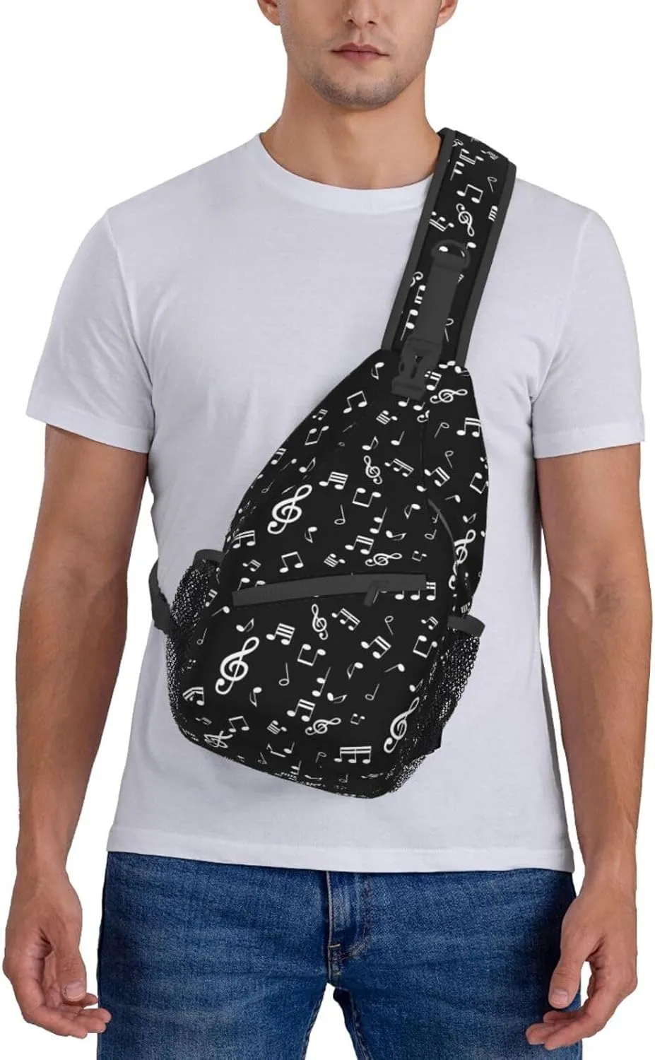 Music Notes Black Sling Bag for Women Mens Crossbody Backpack Casual Hiking Daypack Chest Shoulder Bag with Adjustable Strap