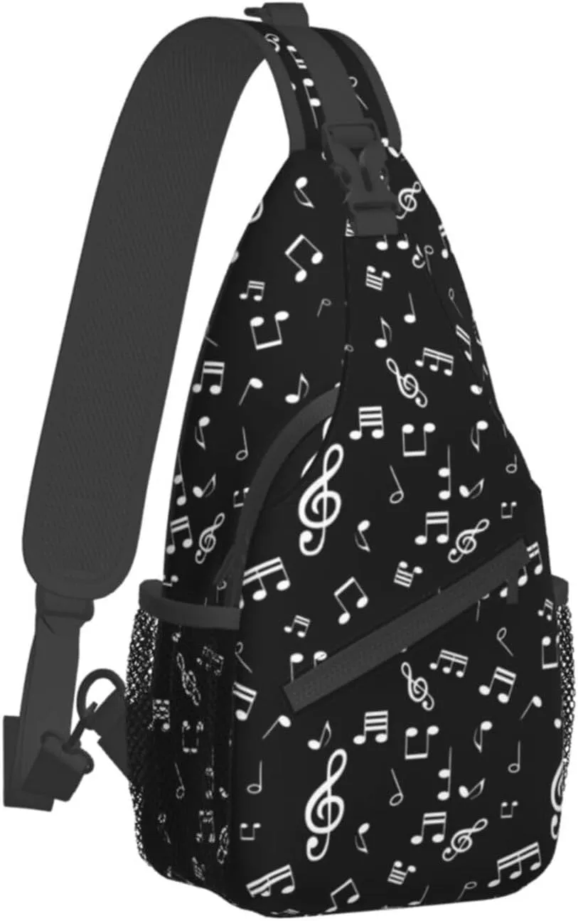 Music Notes Black Sling Bag for Women Mens Crossbody Backpack Casual Hiking Daypack Chest Shoulder Bag with Adjustable Strap