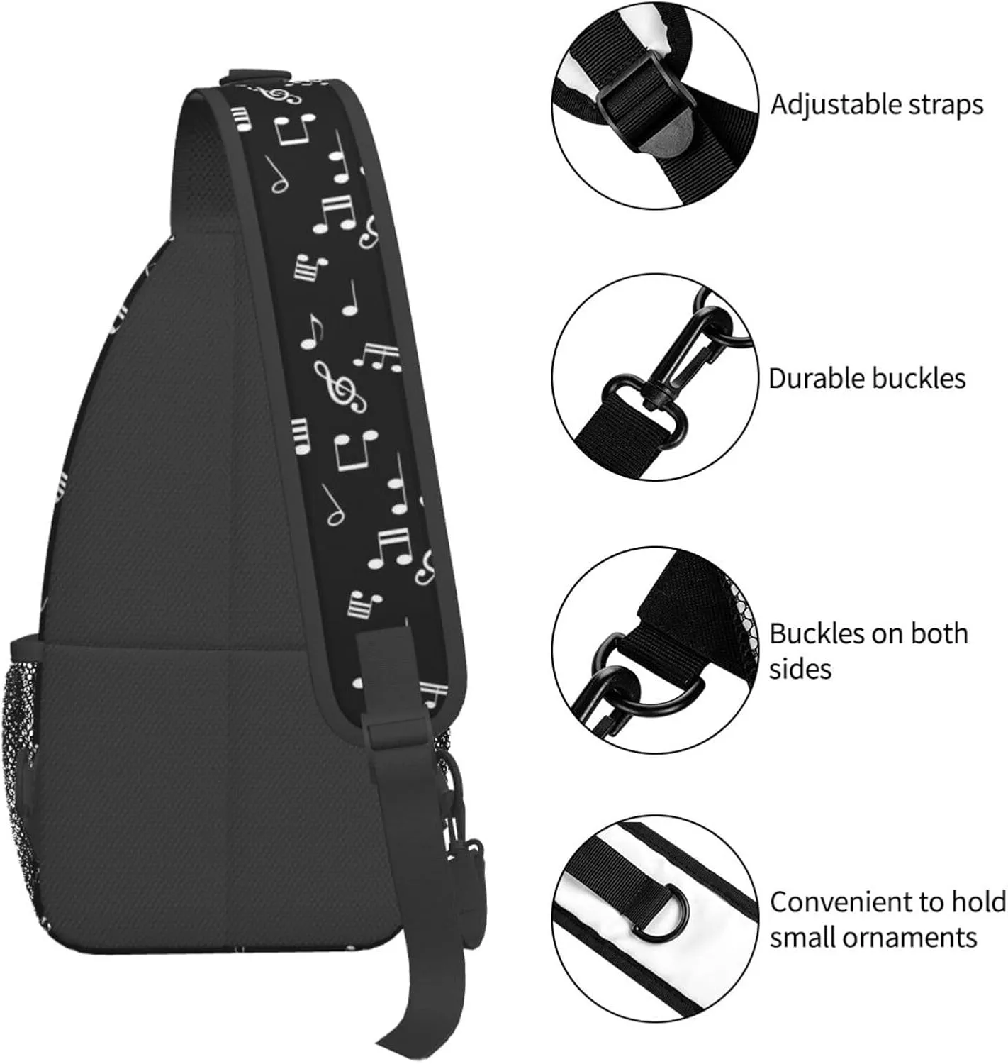 Music Notes Black Sling Bag for Women Mens Crossbody Backpack Casual Hiking Daypack Chest Shoulder Bag with Adjustable Strap