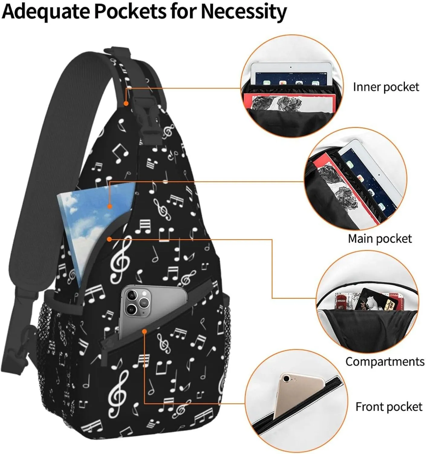 Music Notes Black Sling Bag for Women Mens Crossbody Backpack Casual Hiking Daypack Chest Shoulder Bag with Adjustable Strap