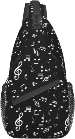 Music Notes Black Sling Bag for Women Mens Crossbody Backpack Casual Hiking Daypack Chest Shoulder Bag with Adjustable Strap
