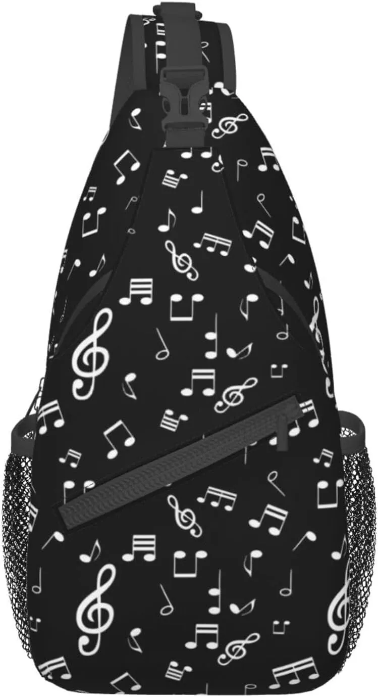 Music Notes Black Sling Bag for Women Mens Crossbody Backpack Casual Hiking Daypack Chest Shoulder Bag with Adjustable Strap
