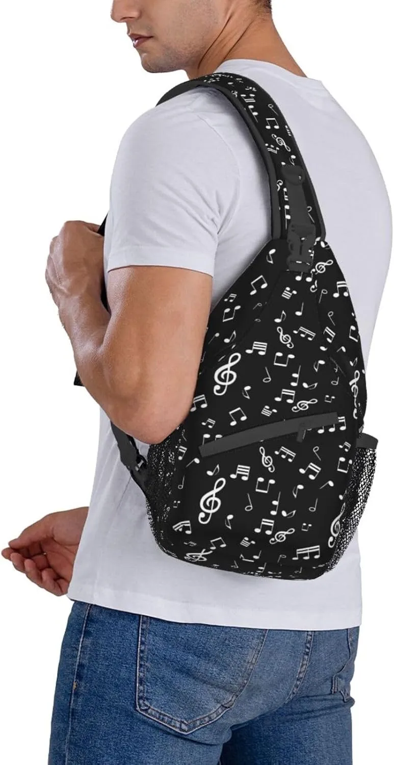 Music Notes Black Sling Bag for Women Mens Crossbody Backpack Casual Hiking Daypack Chest Shoulder Bag with Adjustable Strap