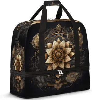 Mystical Ethnic Flower Pattern Travel Duffel Bag with Foldable Shoe Compartment Shoulder Tote Travel Weekend Bag Sports Gym Overnight Bags