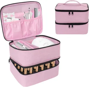 Nail Polish Organizer and Nail Lamp Case, 2 Tier Portable Polish Holder Holds 30 Bottles, Upgraded Storage Bag with Stable Dividers (Pink)