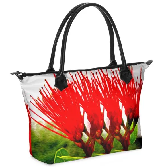Nappa Leather & Monroe Satin Zipper  Hand Bag "Lehua Hula Sisters"