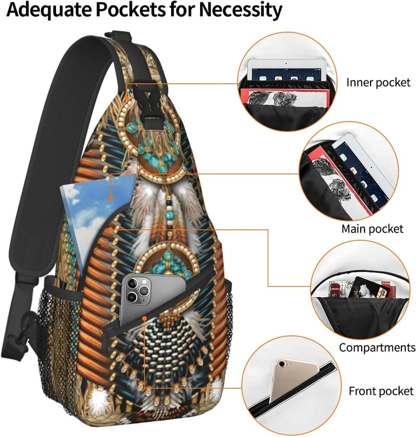 Native American Art Indian Sling Backpack Cute Chest Bags Crossbody Retro Shoulder Bag for Men Women