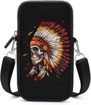 Native U.S. Chief Skull Crossbody Cell Phone Bag Sling Storage Holder Purse with Adjustable Strap for Women Men