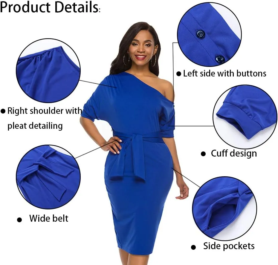 Nature Comfy Elegant Womens Wear to Work Casual one Shoulder Belted Pencil Dress with Pockets