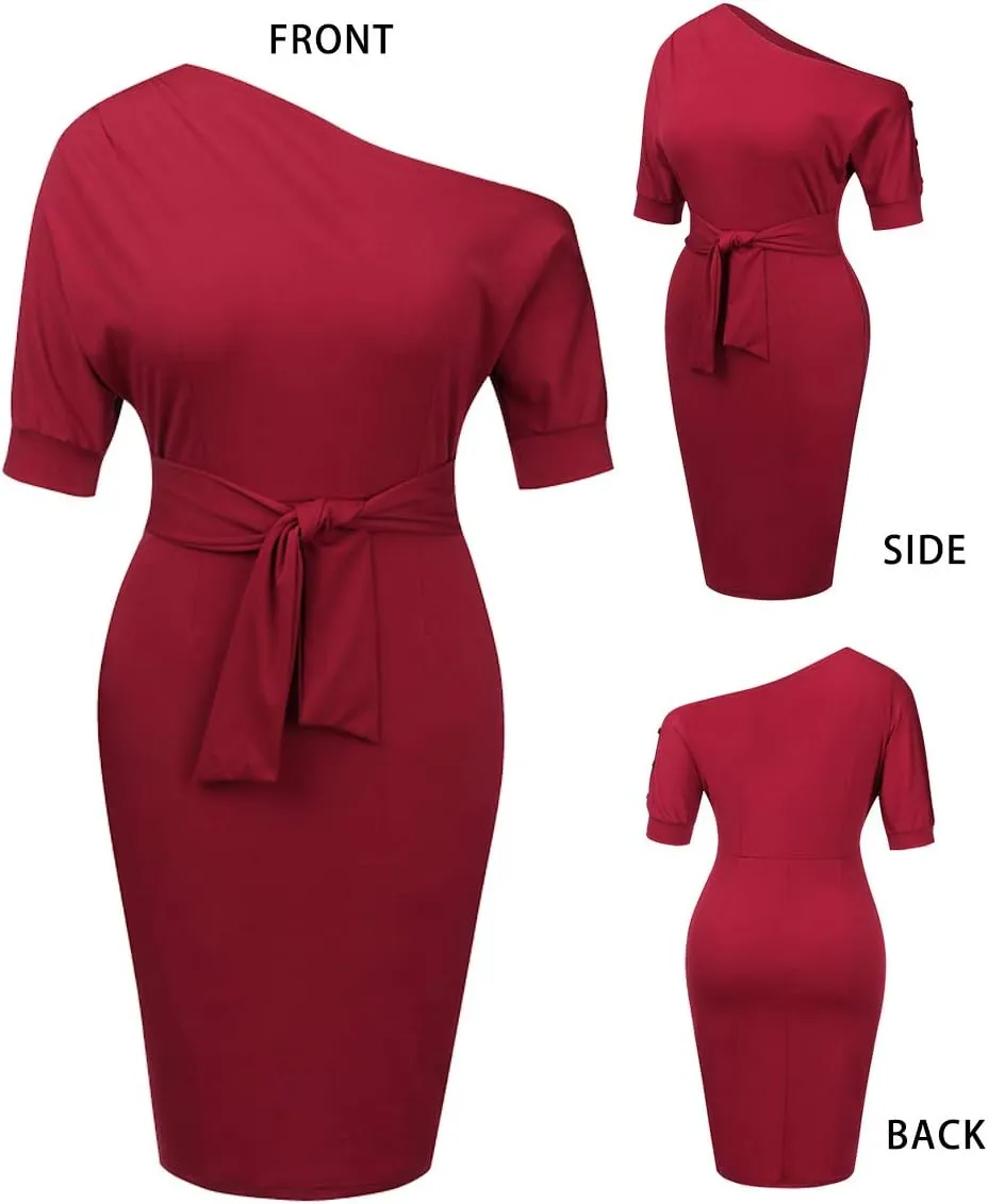 Nature Comfy Elegant Womens Wear to Work Casual one Shoulder Belted Pencil Dress with Pockets