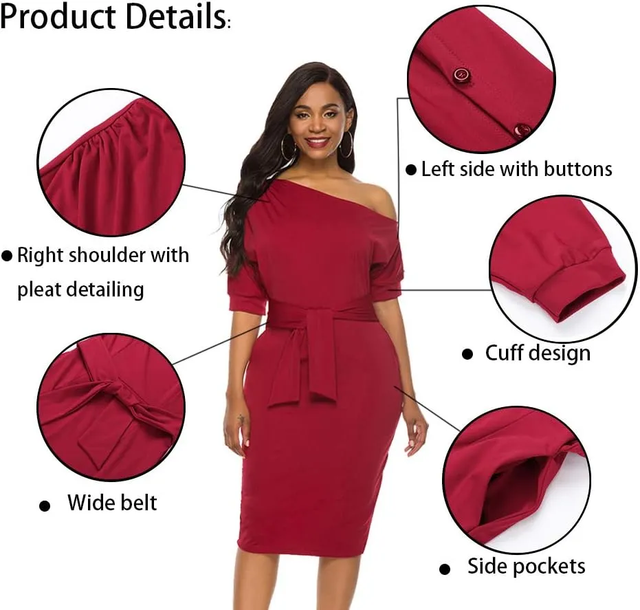 Nature Comfy Elegant Womens Wear to Work Casual one Shoulder Belted Pencil Dress with Pockets
