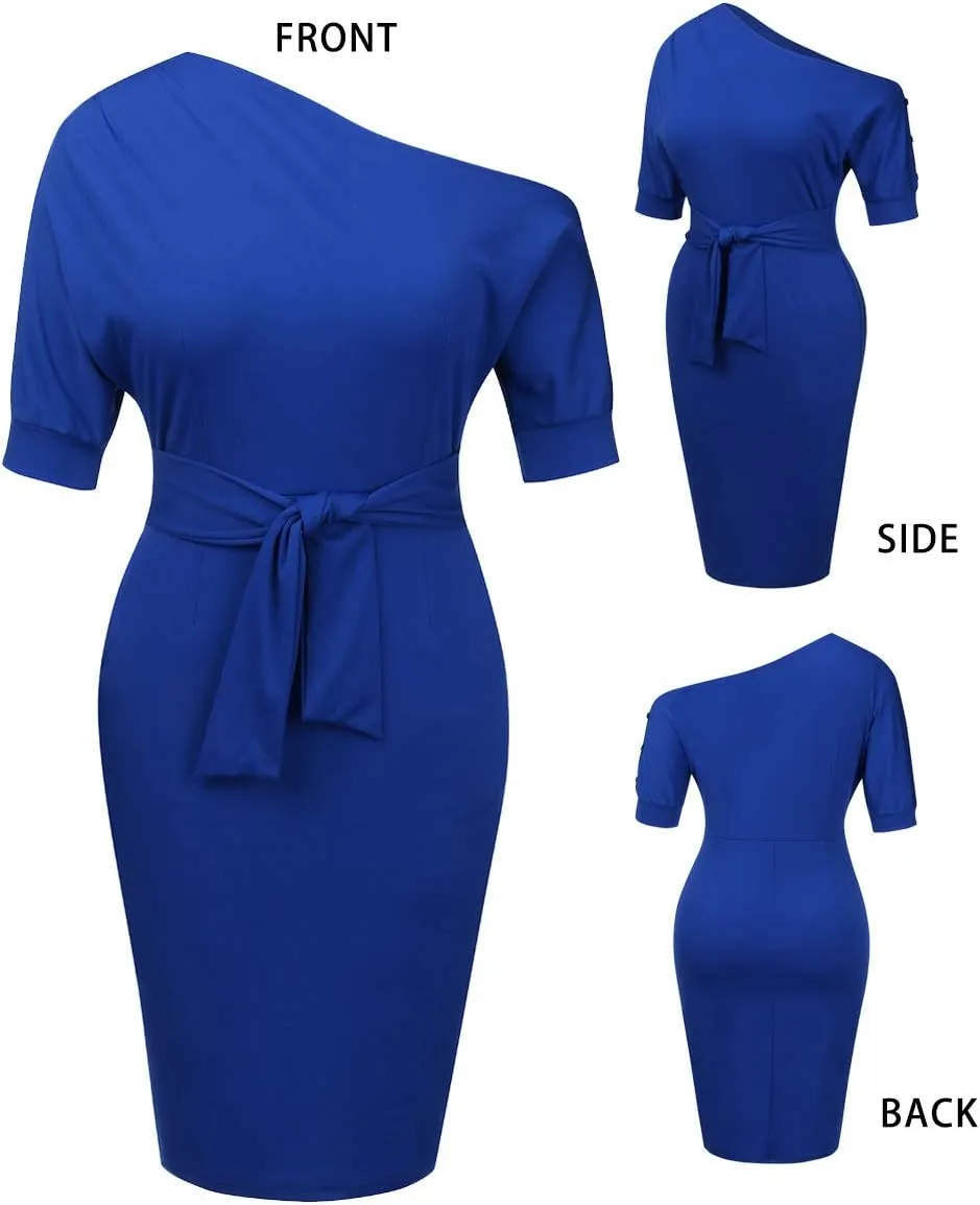 Nature Comfy Elegant Womens Wear to Work Casual one Shoulder Belted Pencil Dress with Pockets