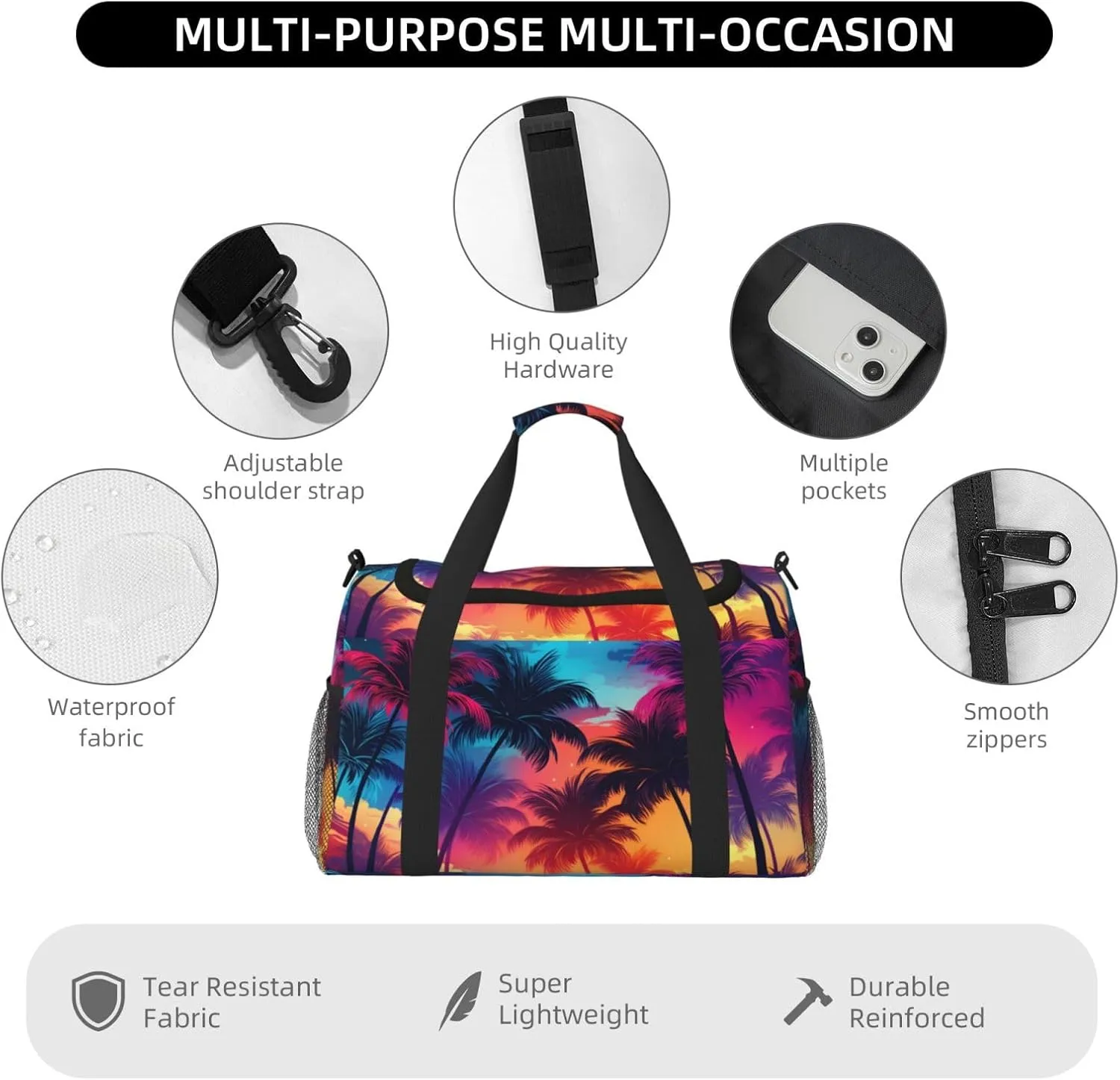 Neon Palm Tree Duffle Bag Foldable Travel Tote Bag Carry On Large Weekender Overnight Bags Waterproof Gym Bag For Women Men
