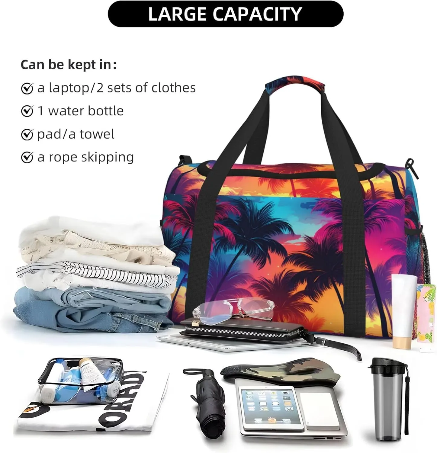 Neon Palm Tree Duffle Bag Foldable Travel Tote Bag Carry On Large Weekender Overnight Bags Waterproof Gym Bag For Women Men