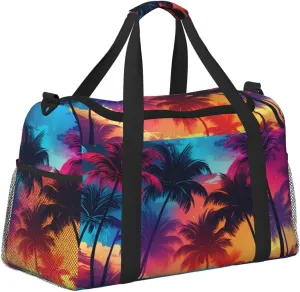Neon Palm Tree Duffle Bag Foldable Travel Tote Bag Carry On Large Weekender Overnight Bags Waterproof Gym Bag For Women Men