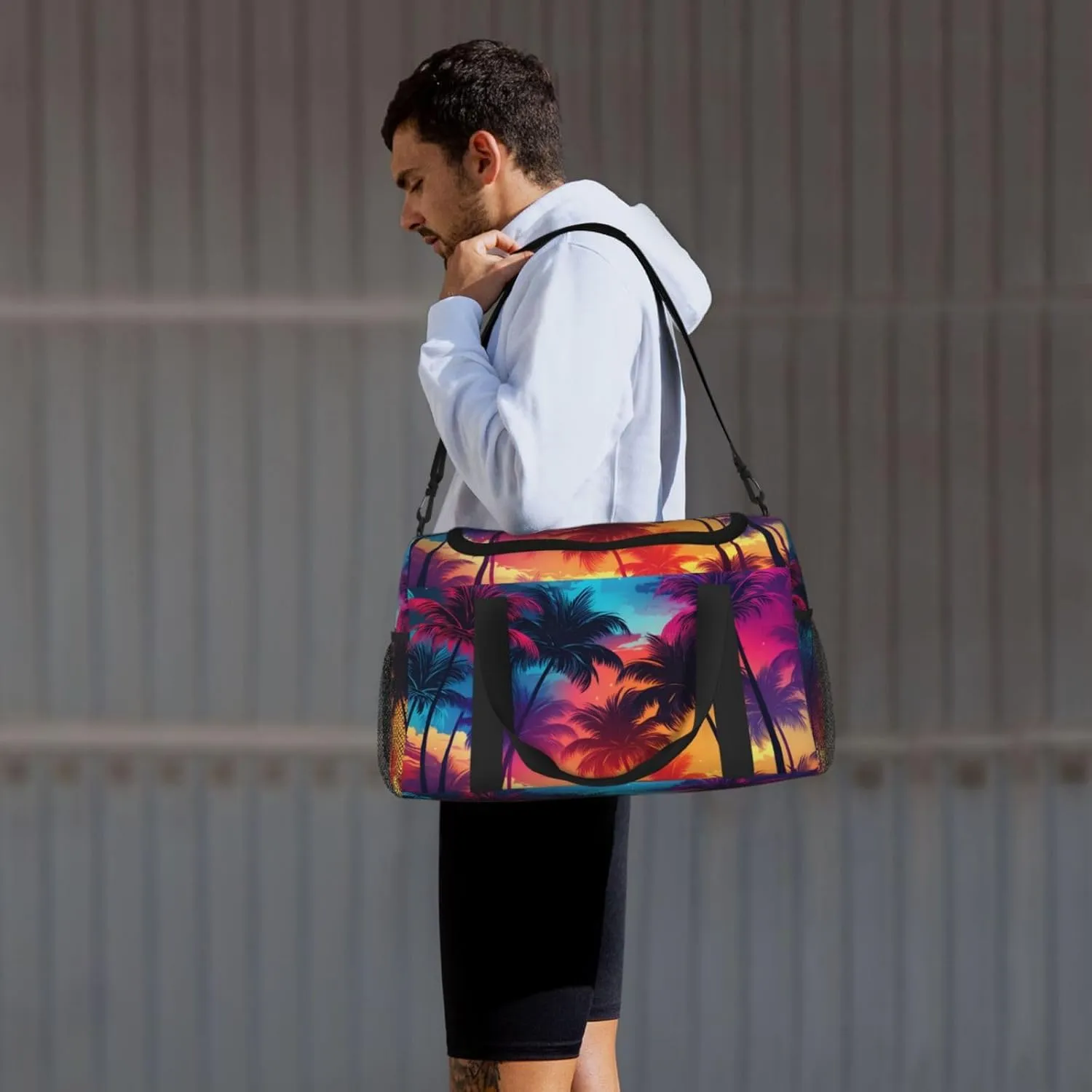 Neon Palm Tree Duffle Bag Foldable Travel Tote Bag Carry On Large Weekender Overnight Bags Waterproof Gym Bag For Women Men