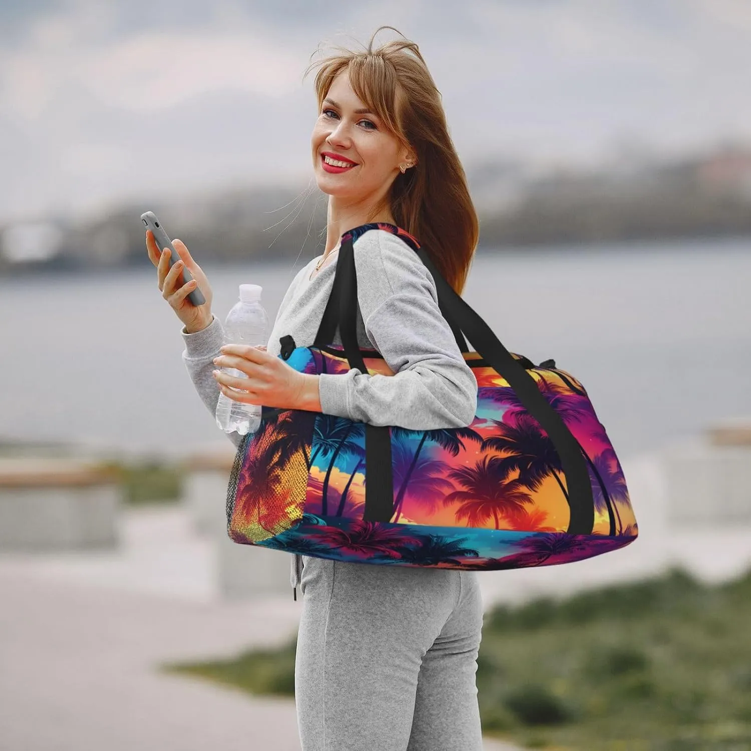 Neon Palm Tree Duffle Bag Foldable Travel Tote Bag Carry On Large Weekender Overnight Bags Waterproof Gym Bag For Women Men