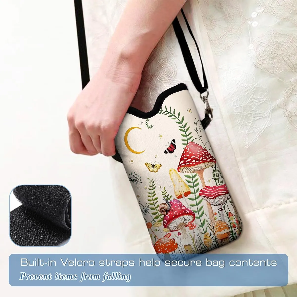 Neoprene Cell Phone Pouch 7.5 X 4.3 in Cloth Mobile Protection Case Bag with Crossbody Strap Neck Lanyard Cell Phone Case Mushroom Colorful Butterfly Moon