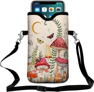 Neoprene Cell Phone Pouch 7.5 X 4.3 in Cloth Mobile Protection Case Bag with Crossbody Strap Neck Lanyard Cell Phone Case Mushroom Colorful Butterfly Moon