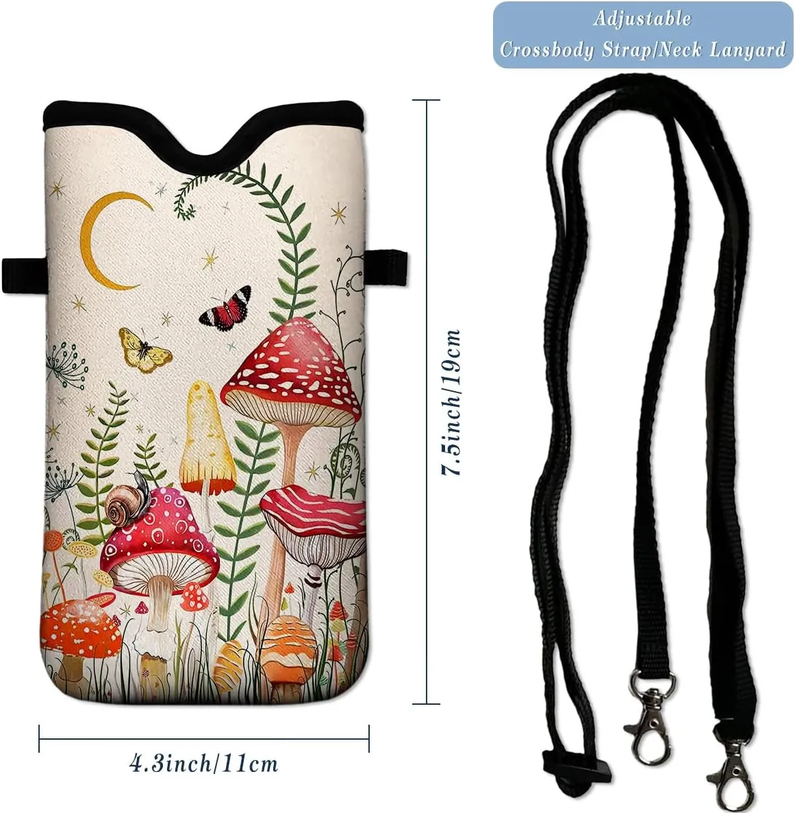 Neoprene Cell Phone Pouch 7.5 X 4.3 in Cloth Mobile Protection Case Bag with Crossbody Strap Neck Lanyard Cell Phone Case Mushroom Colorful Butterfly Moon