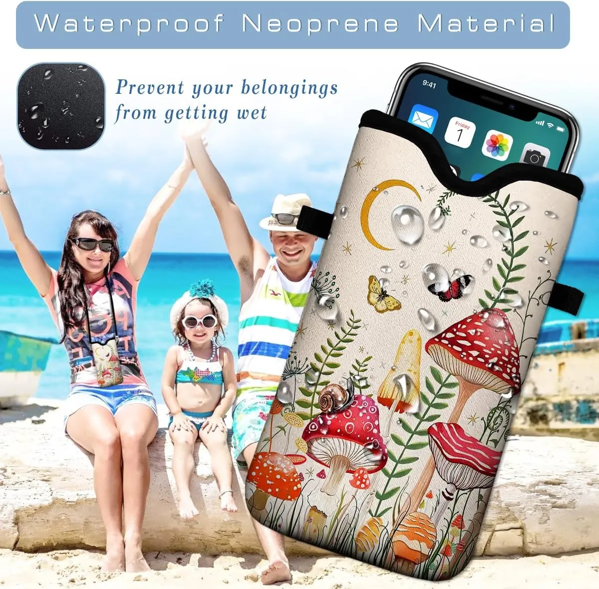 Neoprene Cell Phone Pouch 7.5 X 4.3 in Cloth Mobile Protection Case Bag with Crossbody Strap Neck Lanyard Cell Phone Case Mushroom Colorful Butterfly Moon