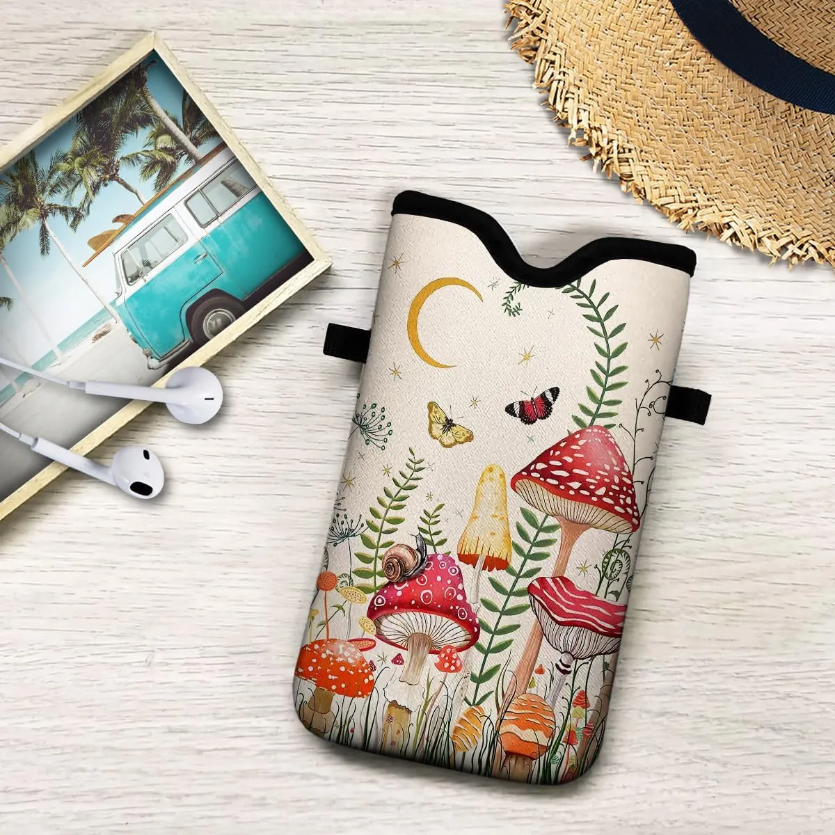 Neoprene Cell Phone Pouch 7.5 X 4.3 in Cloth Mobile Protection Case Bag with Crossbody Strap Neck Lanyard Cell Phone Case Mushroom Colorful Butterfly Moon