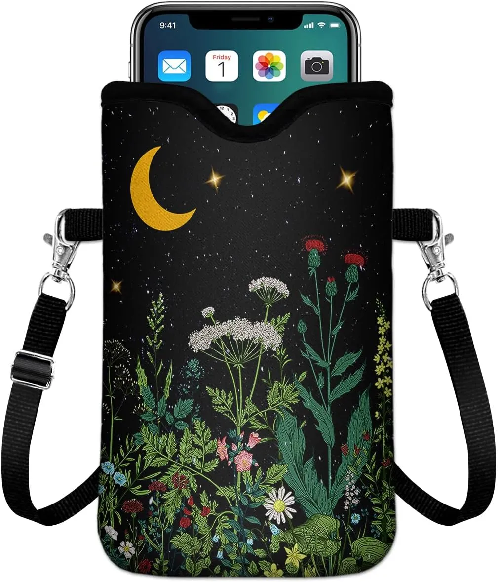 Neoprene Cell Phone Sleeve Pouch Case Bag with Crossbody Strap Neck Lanyard for Women Men 7.6 X 4.3 Inches-Wildflowers Shockproof Universal Phone Bag