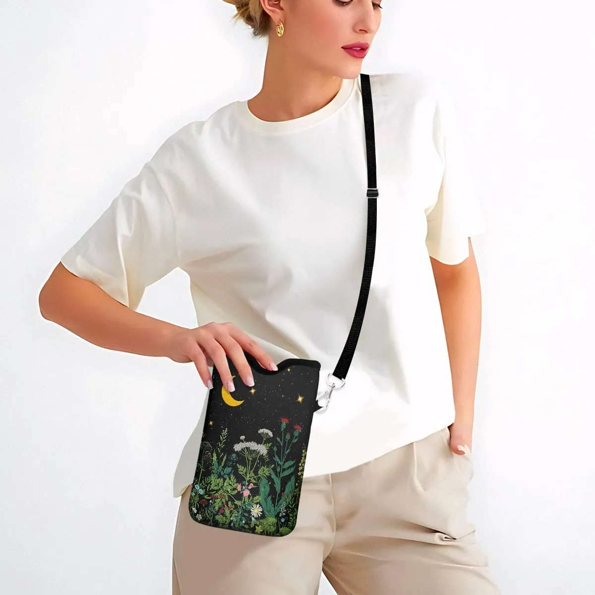 Neoprene Cell Phone Sleeve Pouch Case Bag with Crossbody Strap Neck Lanyard for Women Men 7.6 X 4.3 Inches-Wildflowers Shockproof Universal Phone Bag