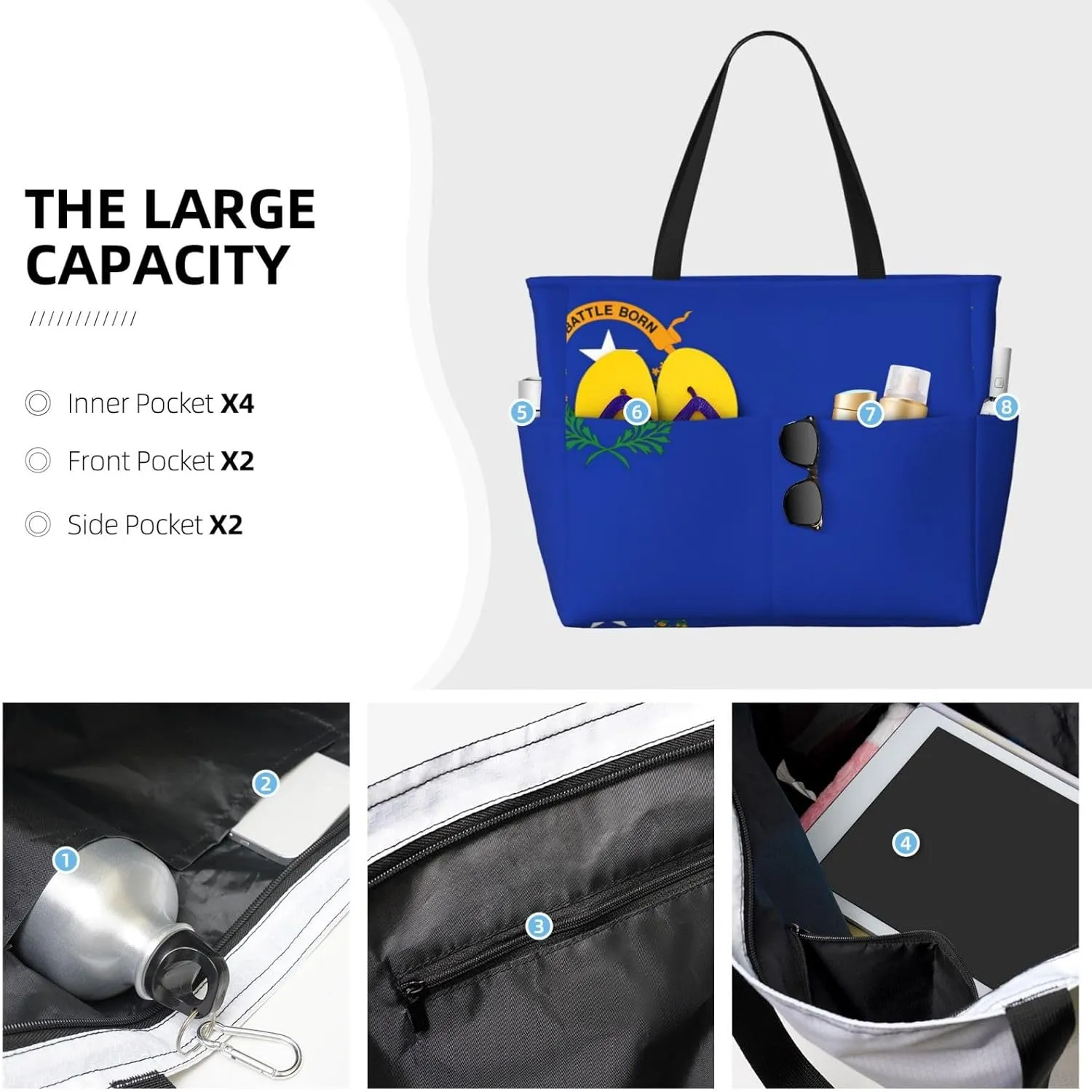 Nevada State Flag Large Capacity Foldable Tote Bag Women Beach Tote Bag Handbag Gym Bag Travel Shopping Bag