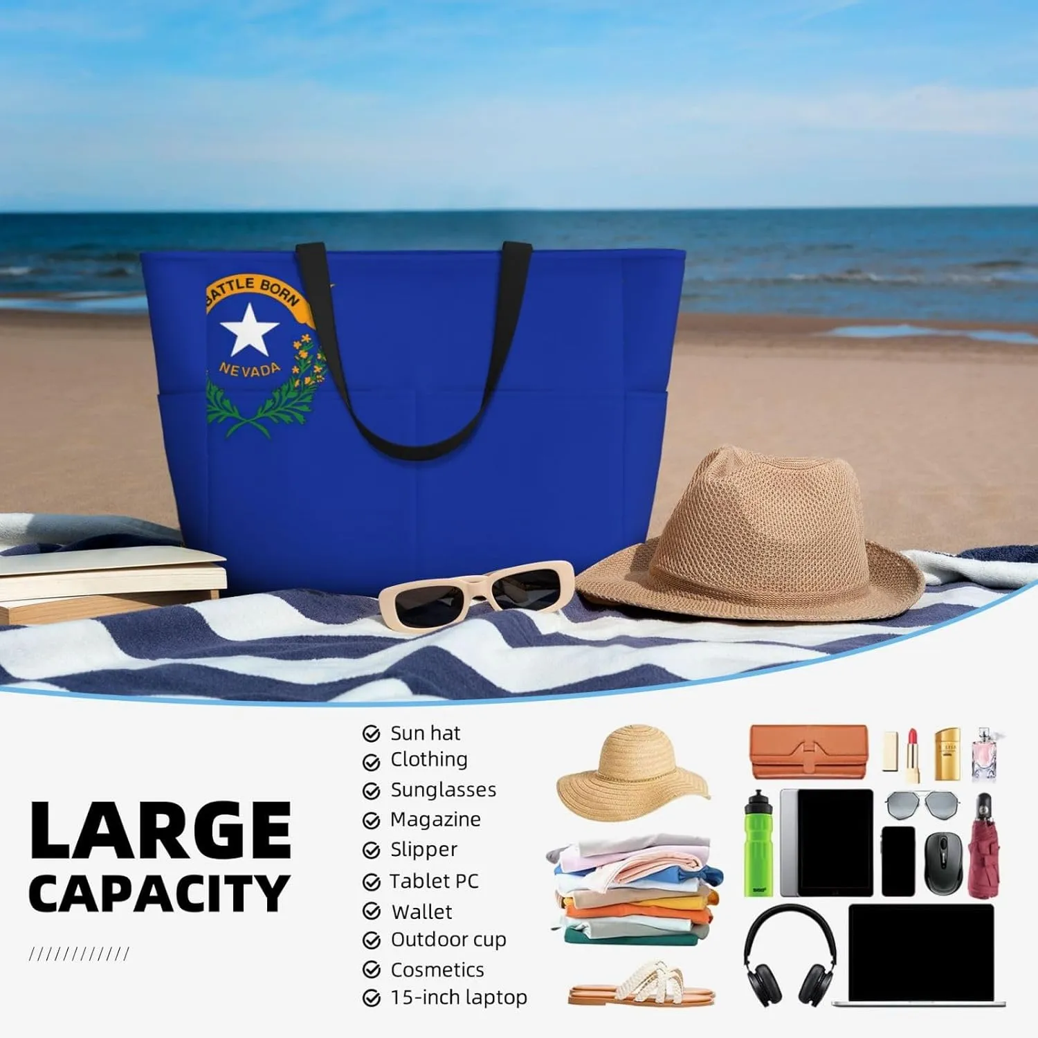 Nevada State Flag Large Capacity Foldable Tote Bag Women Beach Tote Bag Handbag Gym Bag Travel Shopping Bag