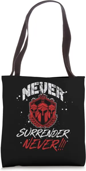 Never Surrender Spartan Red Warrior Gym Workout Greek Quote Tote Bag