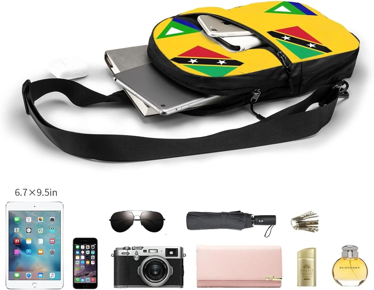 Nevis St. Kitts Flag Crossbody Bag Portable Sling Bags Foldable Chest Daypack Reusable Sports Shoulder Backpack Diagonally Casual Rucksack Travel Tote Bag for Workout