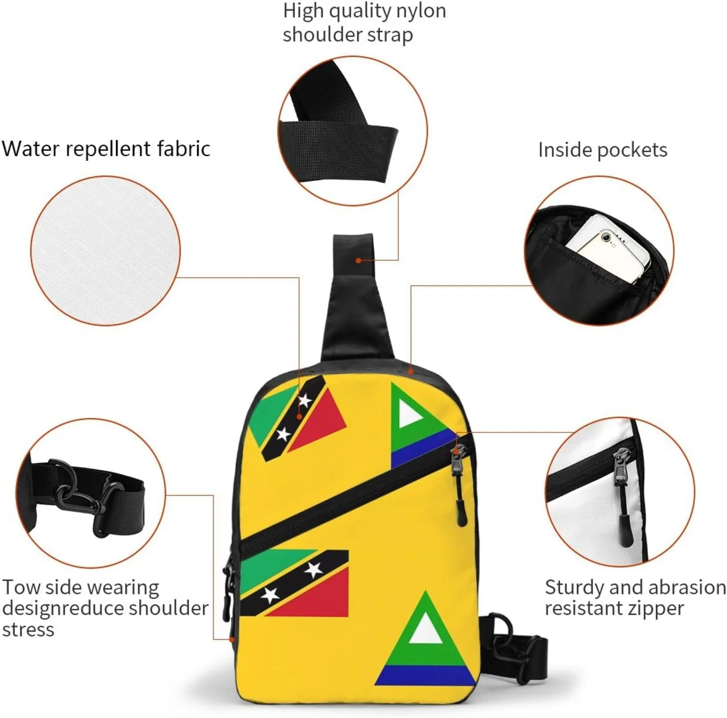 Nevis St. Kitts Flag Crossbody Bag Portable Sling Bags Foldable Chest Daypack Reusable Sports Shoulder Backpack Diagonally Casual Rucksack Travel Tote Bag for Workout