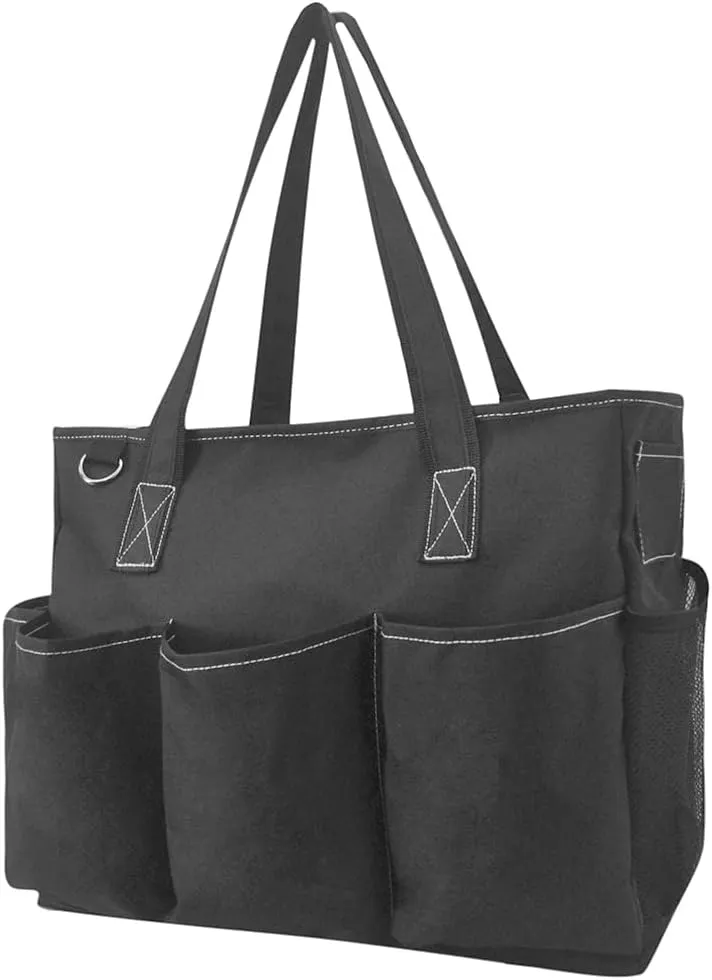 NGIL Large Utility Water Resistant Caddy Teacher Tote Bag with 7 Exterior Pockets, Top Zipper Closure Nurse bag for Work
