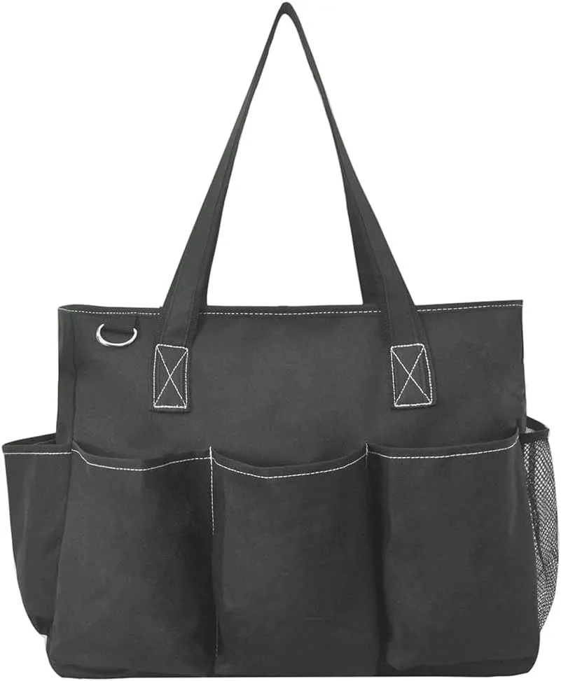 NGIL Large Utility Water Resistant Caddy Teacher Tote Bag with 7 Exterior Pockets, Top Zipper Closure Nurse bag for Work
