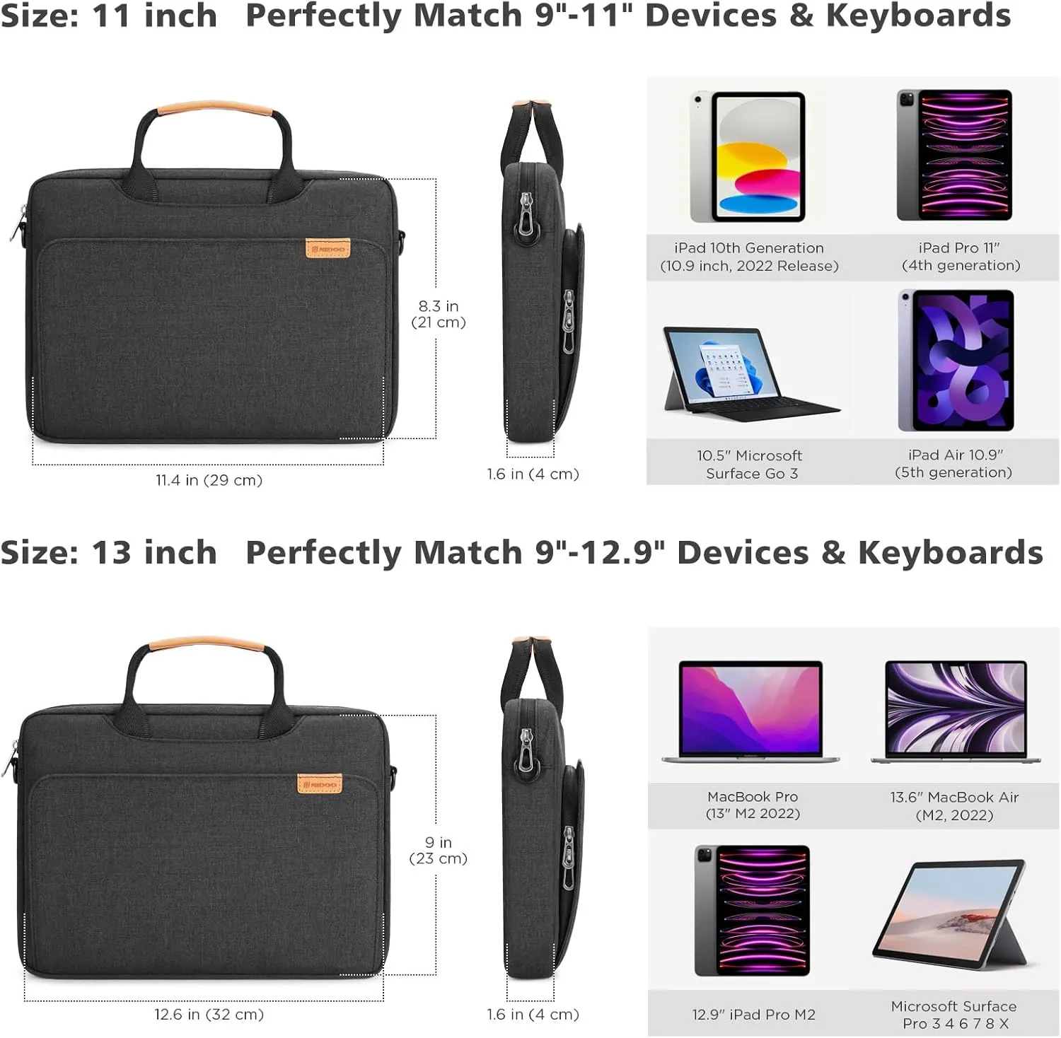 NIDOO Laptop Sleeve Shoulder Bag for 12.9" iPad Pro M1 M2 2022/13" 13.6" MacBook Air M2 / 13 MacBook Pro M2 M1 / Surface Pro X 8 9 7 , Briefcase Handbag for 13.4" Dell XPS 13 Plus / 12.4" Galaxy Tab