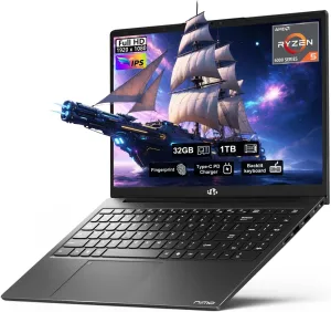 NIMO 15.6'' FHD IPS Business-Laptop-Computer - AMD Ryzen 5 6600H, 32GB DDR5 RAM 1TB SSD(Beat R7 5700U, 6 Cores Up to 4.5GHz), 100W Type-C, 6 Cores 660M GPU, Fingerprint, Backlit Keyboard, Win 11